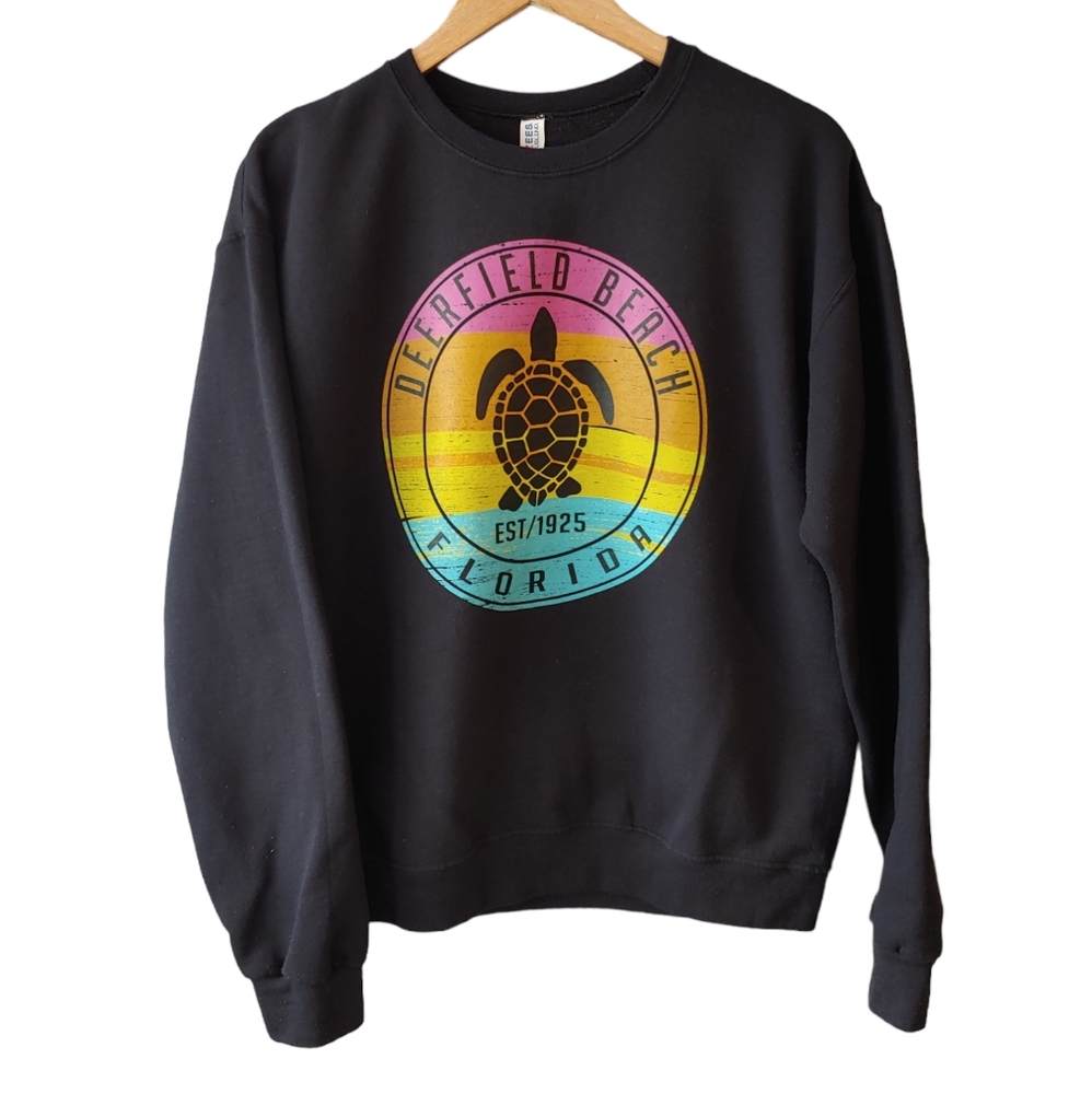 Jerzees Black Deerfield Beach Florida Long Sleeve Sweatshirt Size Medium